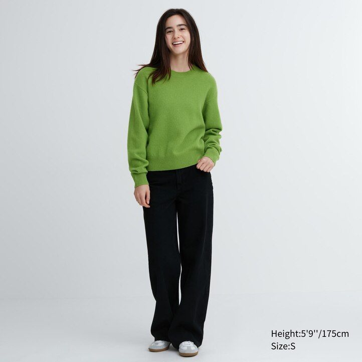 suéteres de cuello redondo de lana de cordero premium uniqlo verdes para mujer