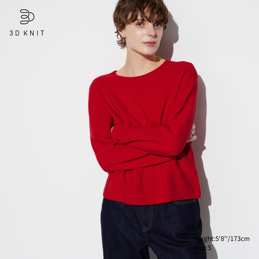 suéteres de cuello redondo de algodón sin costuras de punto 3d de uniqlo para mujer color rojo