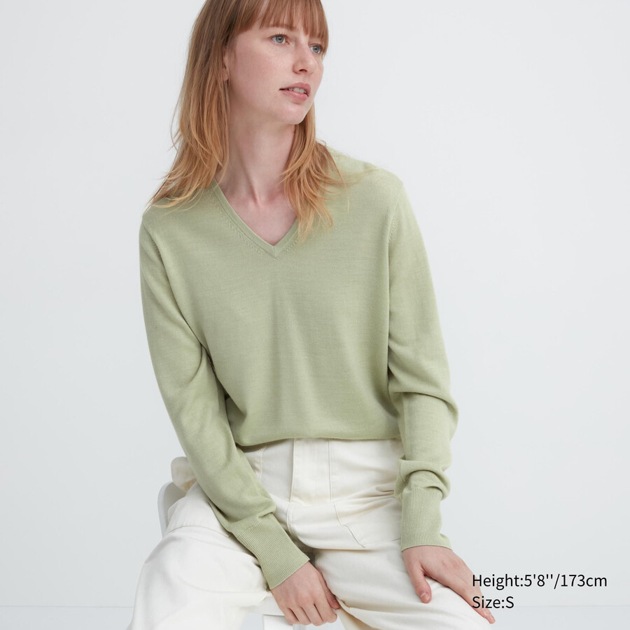 suéteres de cuello en v uniqlo 100 merino extrafino para mujer color verde