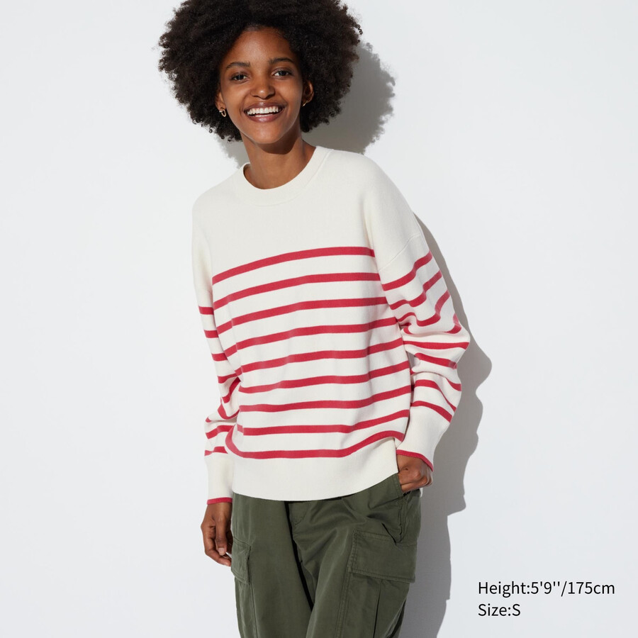 suéteres de mujer uniqlo de algodón liso corte holgado cuello redondo y rayas color rojo