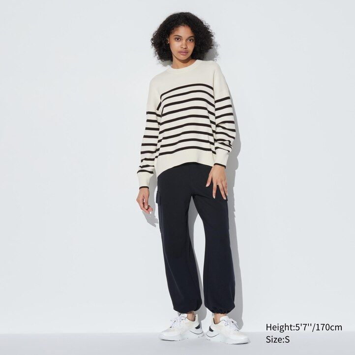 suéteres de mujer uniqlo de algodón liso corte holgado cuello redondo y rayas color rojo