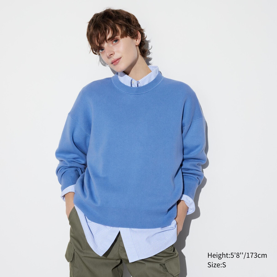 suéteres de cuello redondo holgados de algodón liso uniqlo para mujer en azul