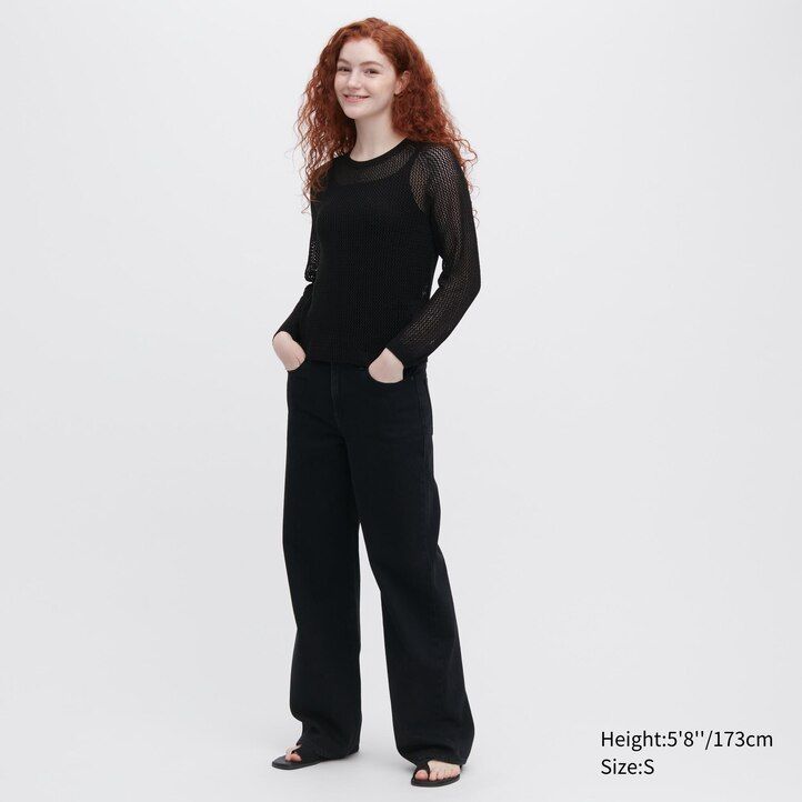 suéter uniqlo de cuello redondo de malla sin costuras de punto 3d para mujer blanco