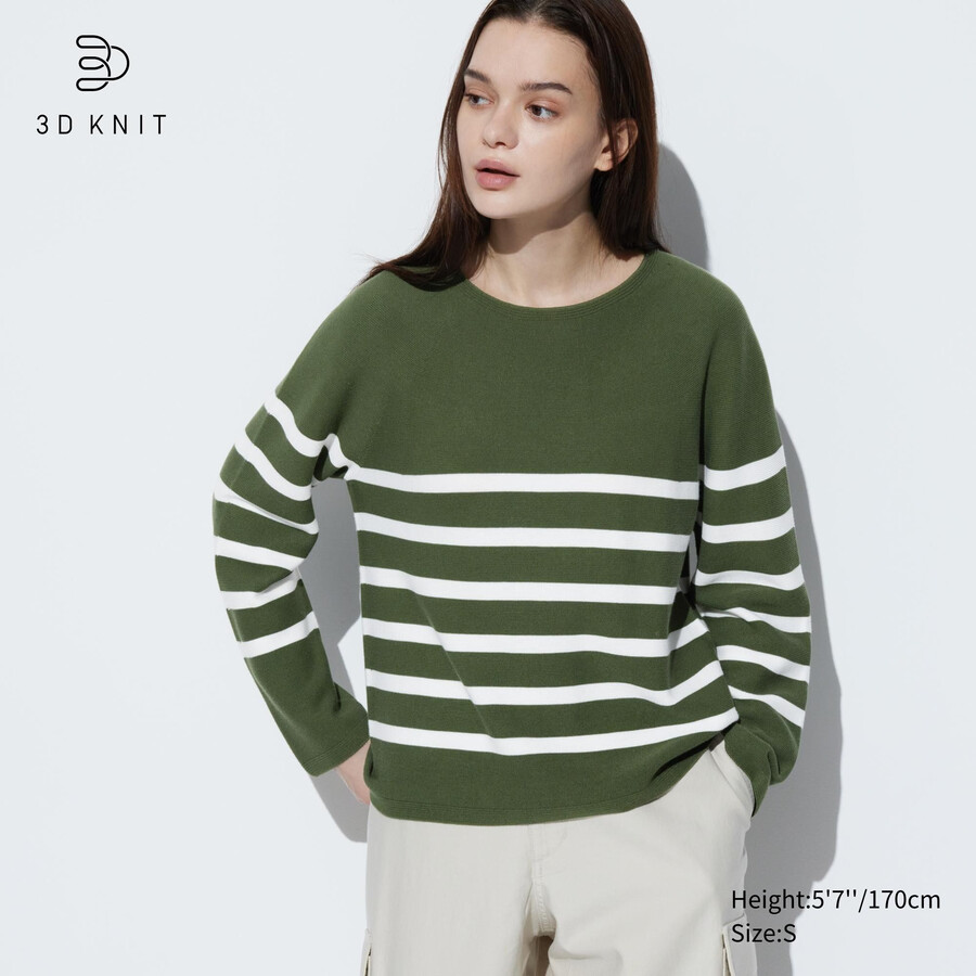 suéter de mujer uniqlo de algodón a rayas con cuello redondo y costuras en 3d en color oliva