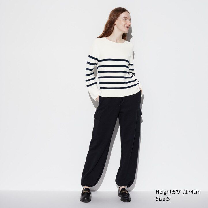 suéter de mujer uniqlo de algodón a rayas con cuello redondo y costuras en 3d en color oliva