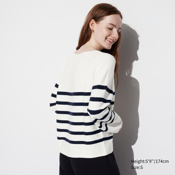 suéter de mujer uniqlo de algodón a rayas con cuello redondo y costuras en 3d en color oliva