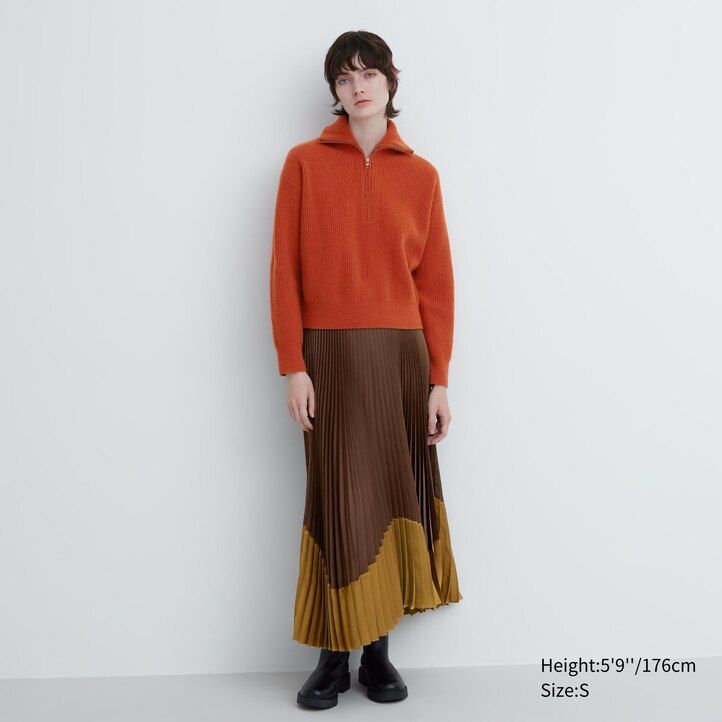 suéteres uniqlo premium de lana de cordero con media cremallera para mujer en beige