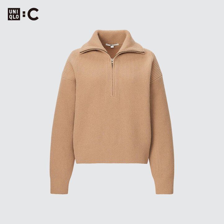 suéteres uniqlo premium de lana de cordero con media cremallera para mujer en beige