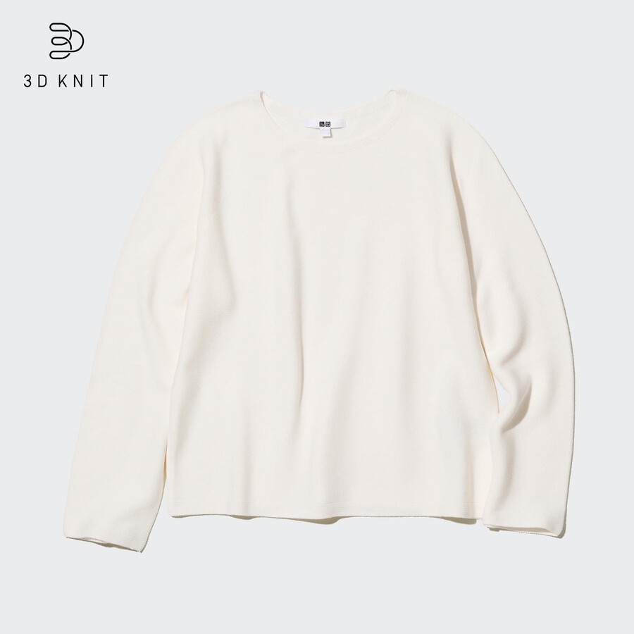 suéter uniqlo de punto 3d de algodón sin costuras con cuello redondo para mujer blanco