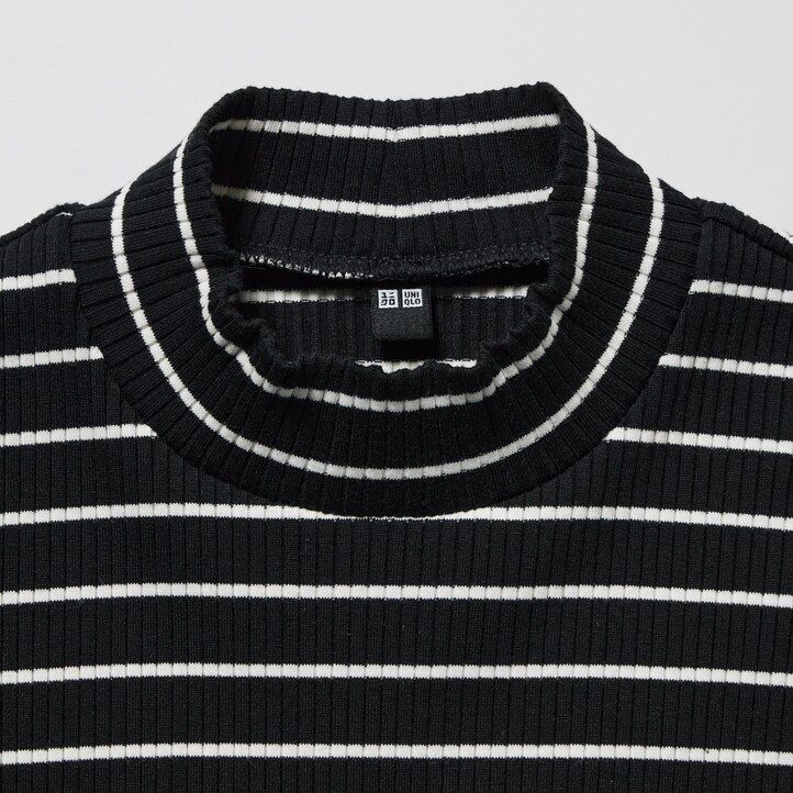camisetas de manga larga con cuello alto y rayas acanaladas uniqlo para mujer color negro