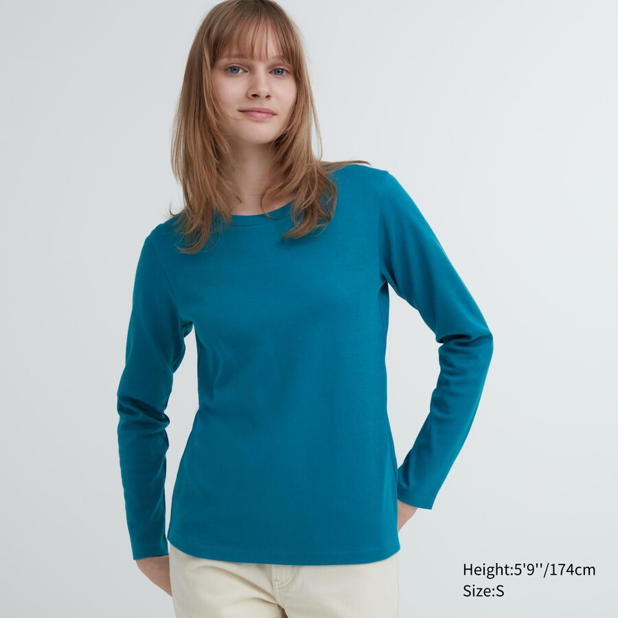 camisetas uniqlo de algodón liso elástico con cuello redondo y mangas para mujer color verde