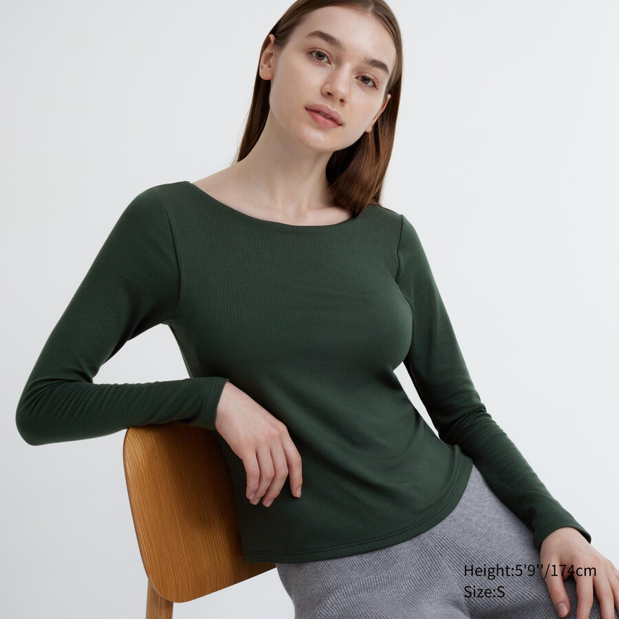 camiseta térmica uniqlo heattech verde oscuro con cuello redondo y mangas acanaladas para mujer