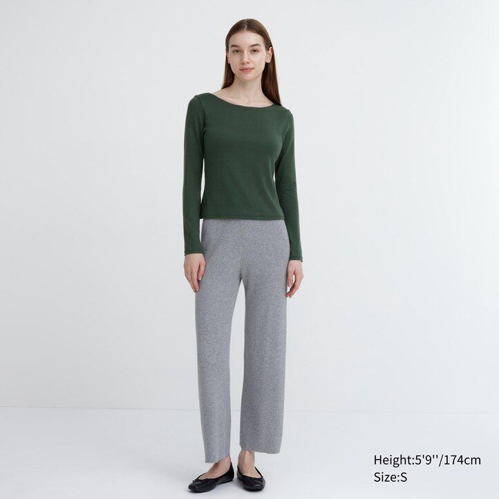 camiseta térmica uniqlo heattech verde oscuro con cuello redondo y mangas acanaladas para mujer