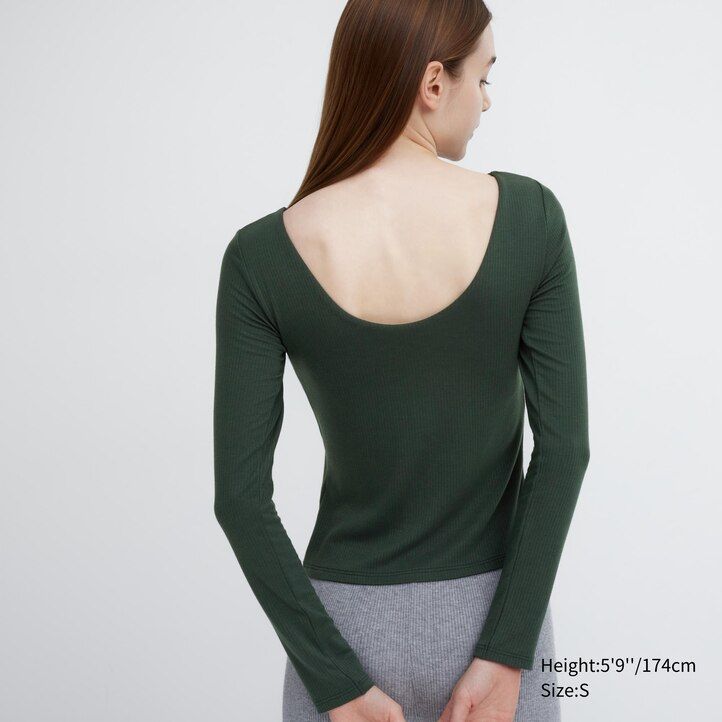 camiseta térmica uniqlo heattech verde oscuro con cuello redondo y mangas acanaladas para mujer