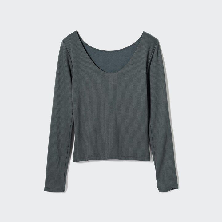 camiseta térmica uniqlo heattech verde oscuro con cuello redondo y mangas acanaladas para mujer