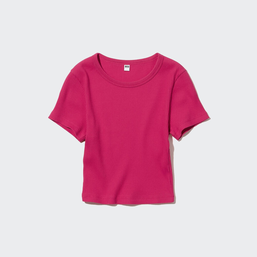 camisetas cortas de cuello redondo acanaladas rosas de uniqlo para mujer