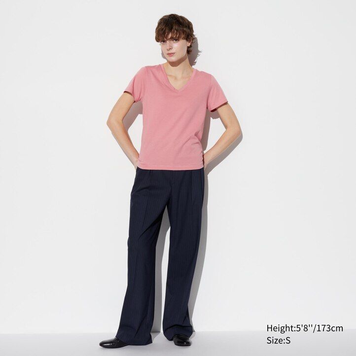 camisetas de mujer de algodón supima 100 azul uniqlo con cuello en v y mangas