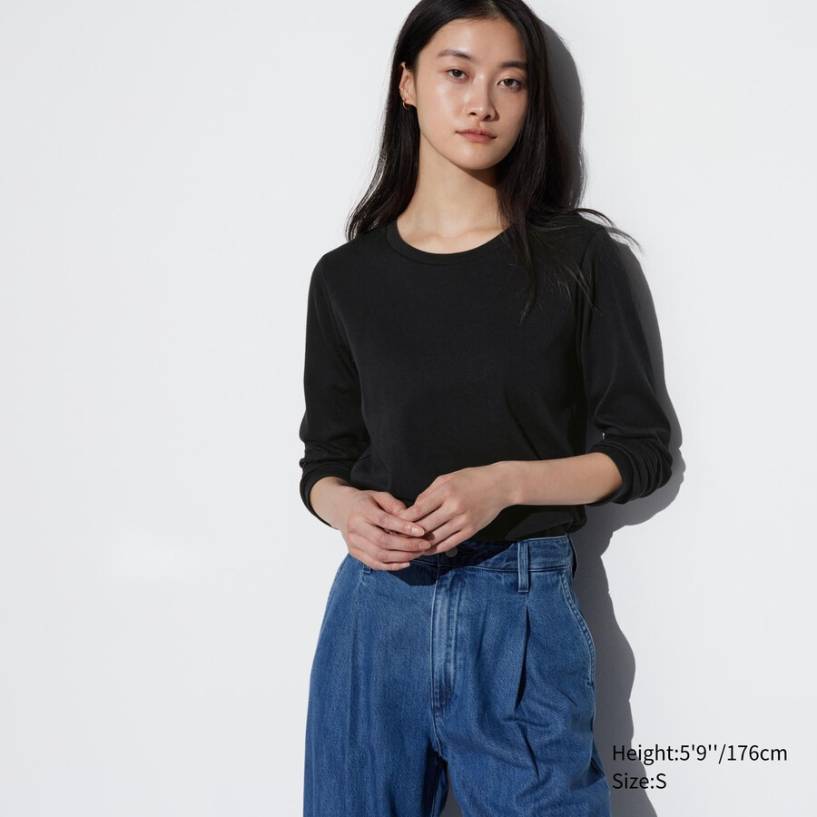 camisetas de mujer uniqlo de algodón liso elástico con cuello redondo y mangas cortas color negro
