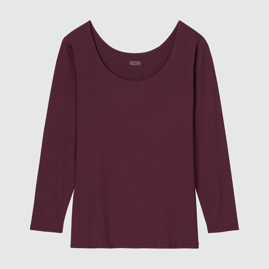 camiseta térmica uniqlo heattech con cuello redondo y mangas para mujer en color burdeos