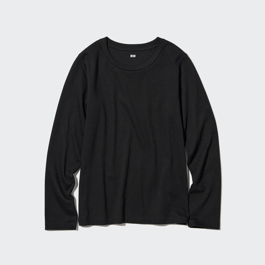 camisetas uniqlo de algodón elástico suave con cuello redondo y mangas para mujer color negro