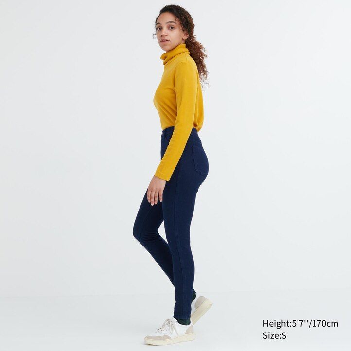 tops vaqueros de tiro alto ultraelásticos heattech de uniqlo para mujer en color azul