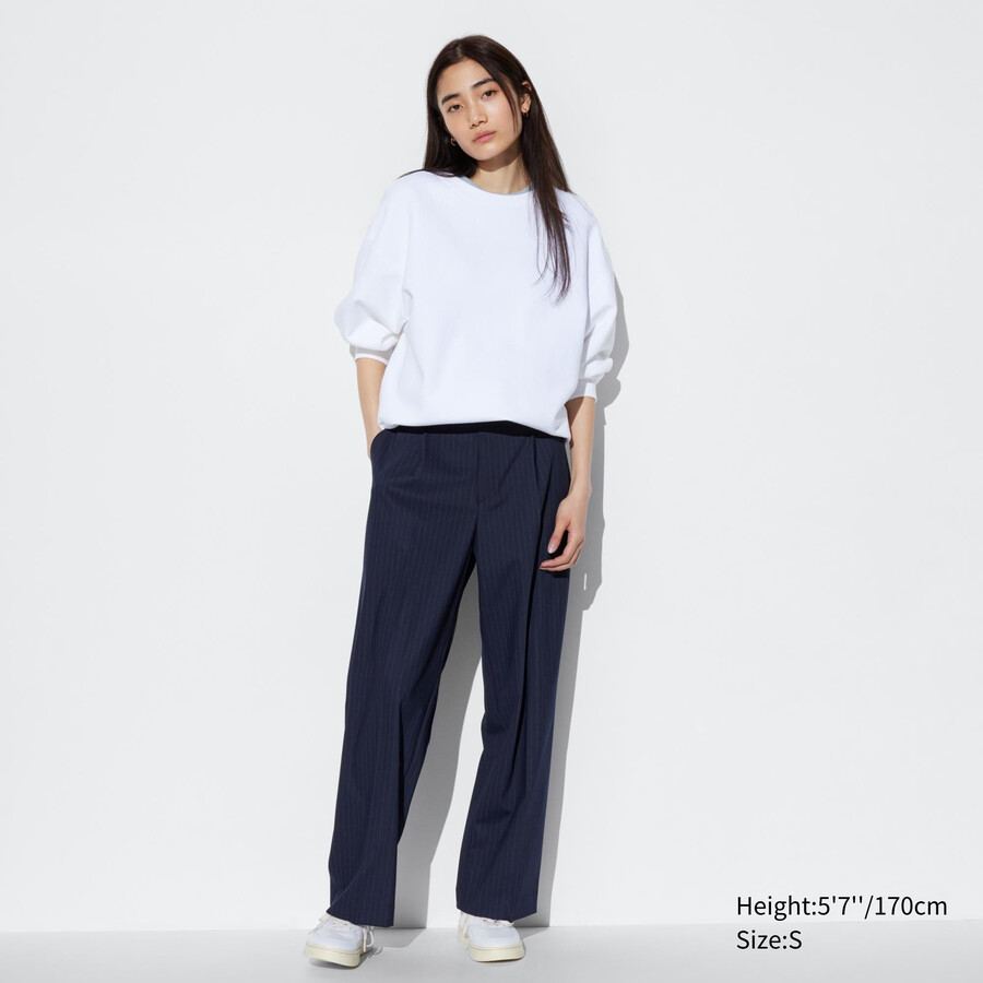 tops de mujer uniqlo con rayas y pernera ancha plisada en azul marino