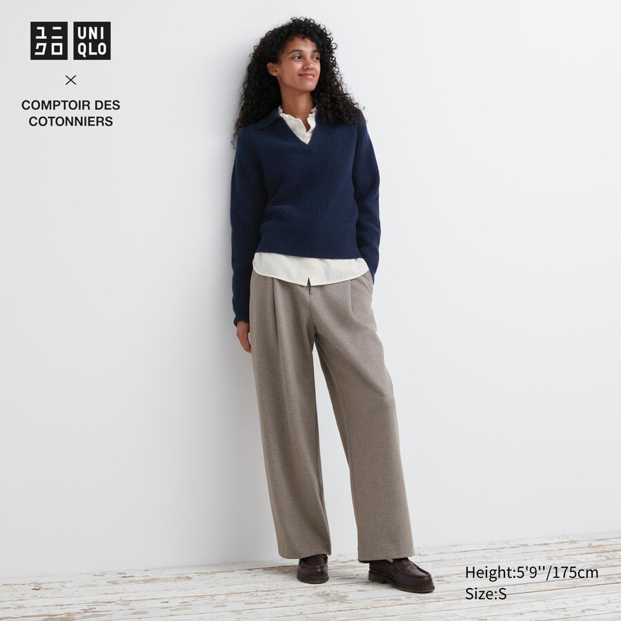 blusa de punto cepillado uniqlo con pernera ancha y plisada para mujer color beige