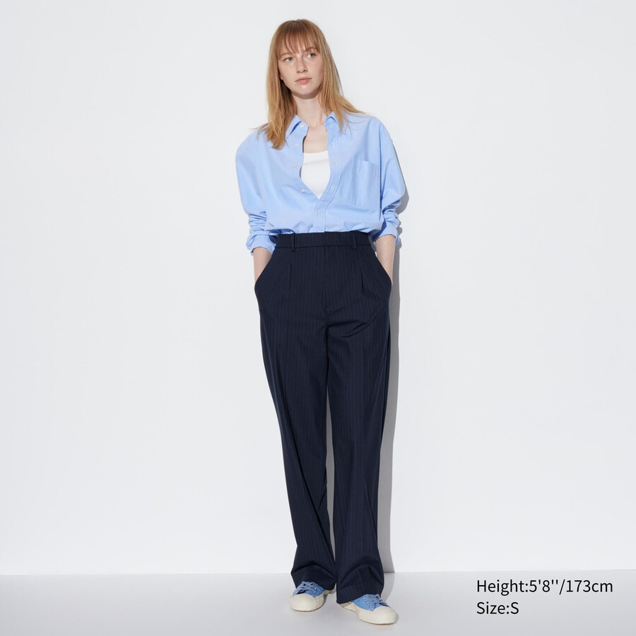 tops de mujer uniqlo con rayas y pernera ancha plisada en azul marino