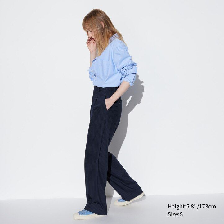 tops de mujer uniqlo con rayas y pernera ancha plisada en azul marino