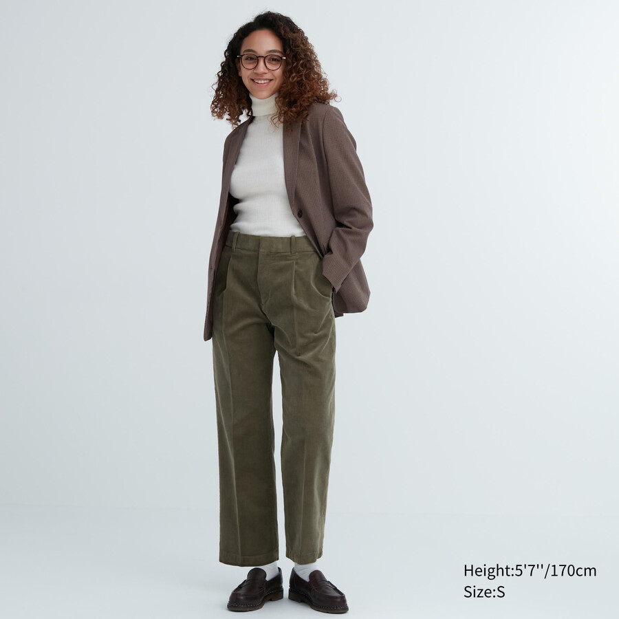tops de pana plisados de pierna ancha uniqlo para mujer en color oliva