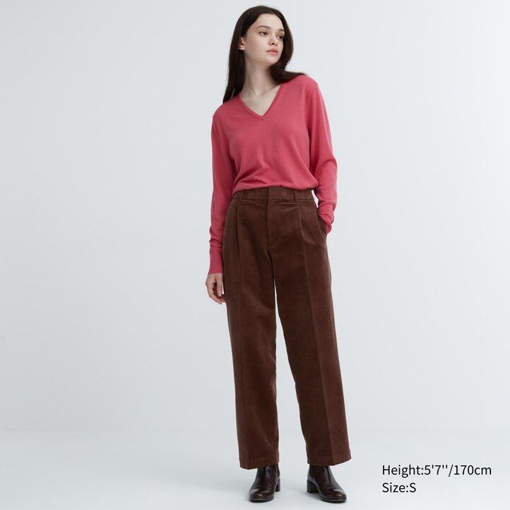 tops de pana plisados de pierna ancha uniqlo para mujer en color oliva